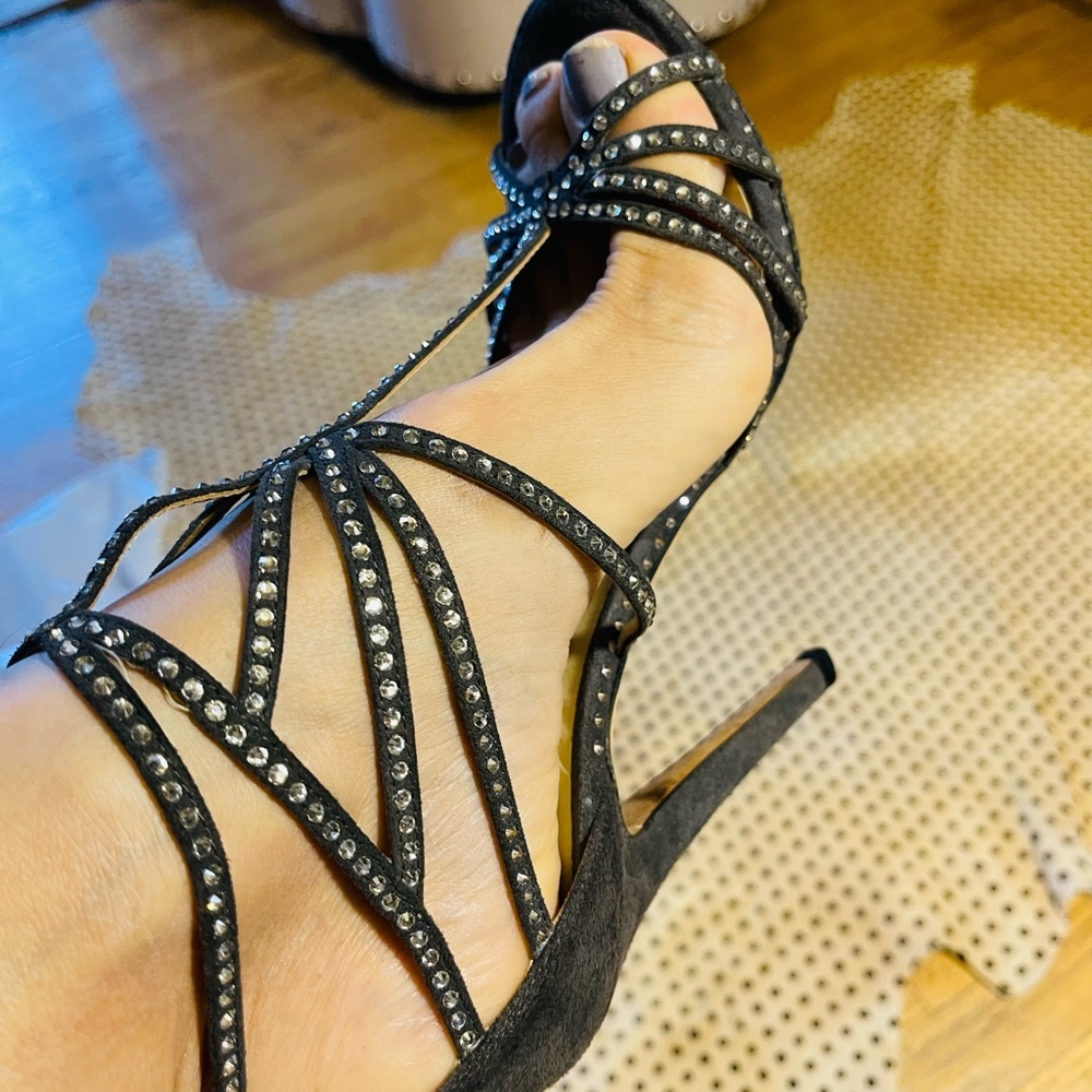 Jimmy Choo 3 inch swede rhinestone heels.